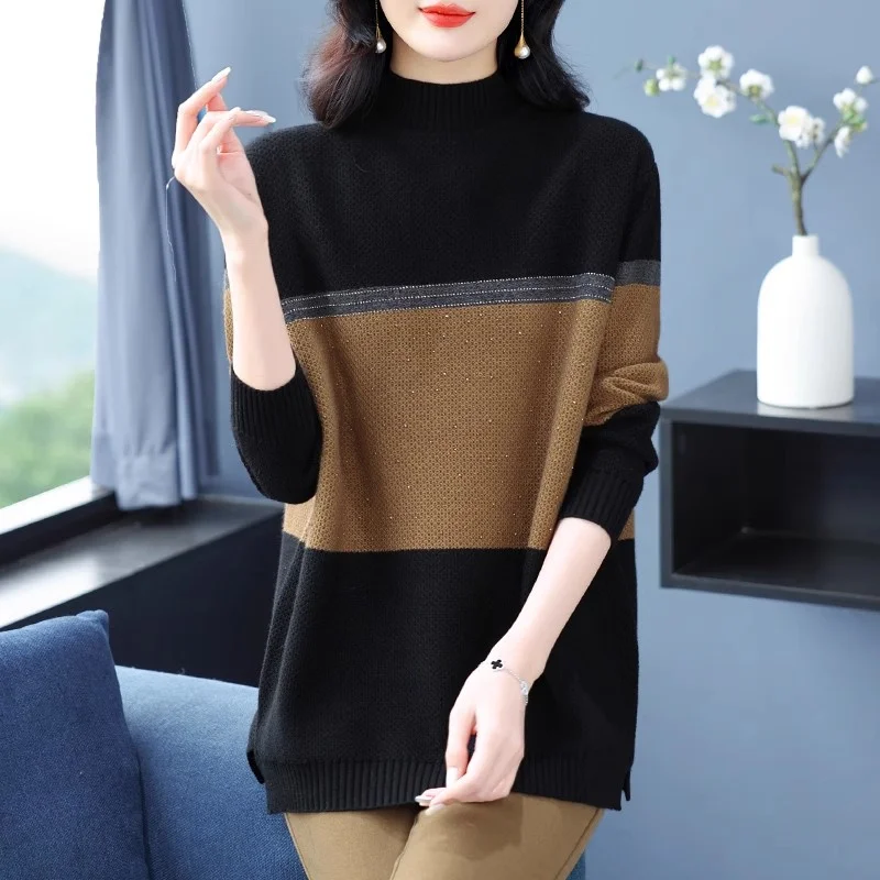 

Ay Lazy Sle вязаный свитер средней длины, женская осенне-зимняя верхняя одежда, свободный базовый слой, зимний топ с высоким воротником, длинный све