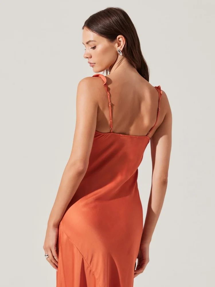 フリルサテンオレンジドレス - エレガントなVネックノースリーブミディドレスディナーデートホリデー集会パーティードレス