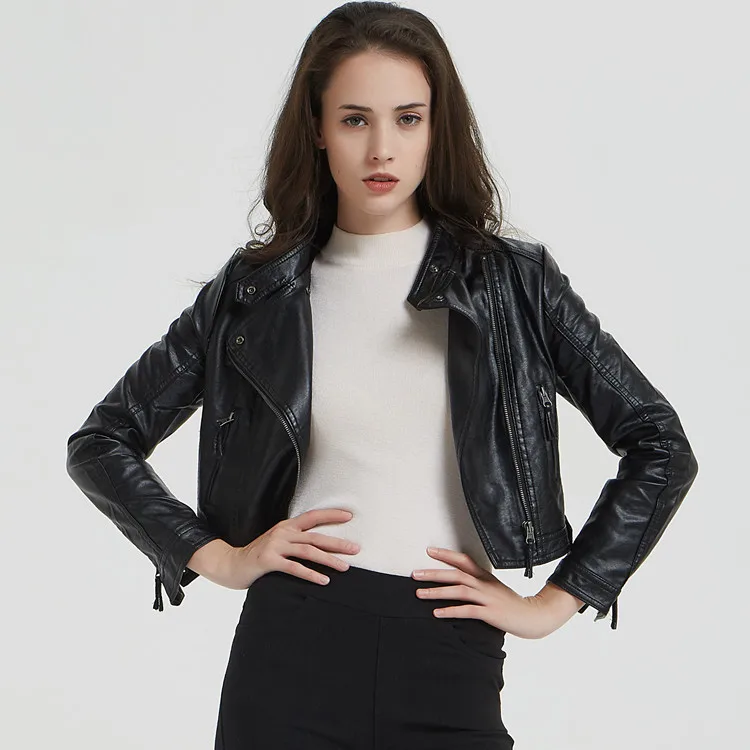 Women's PU Washed Leather Coat, Short Motorcycle Coat, Rivet Fashion, Short, Spring and Autumn, 2024