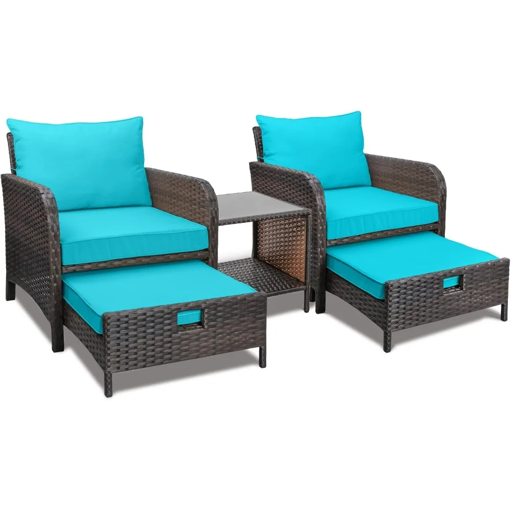 

Balcony Furniture 5 Piece Patio Conversation Set, PE Wicker Rattan Outdoor Lounge Chairs with Soft Cushions 2 Ottoman&Glass