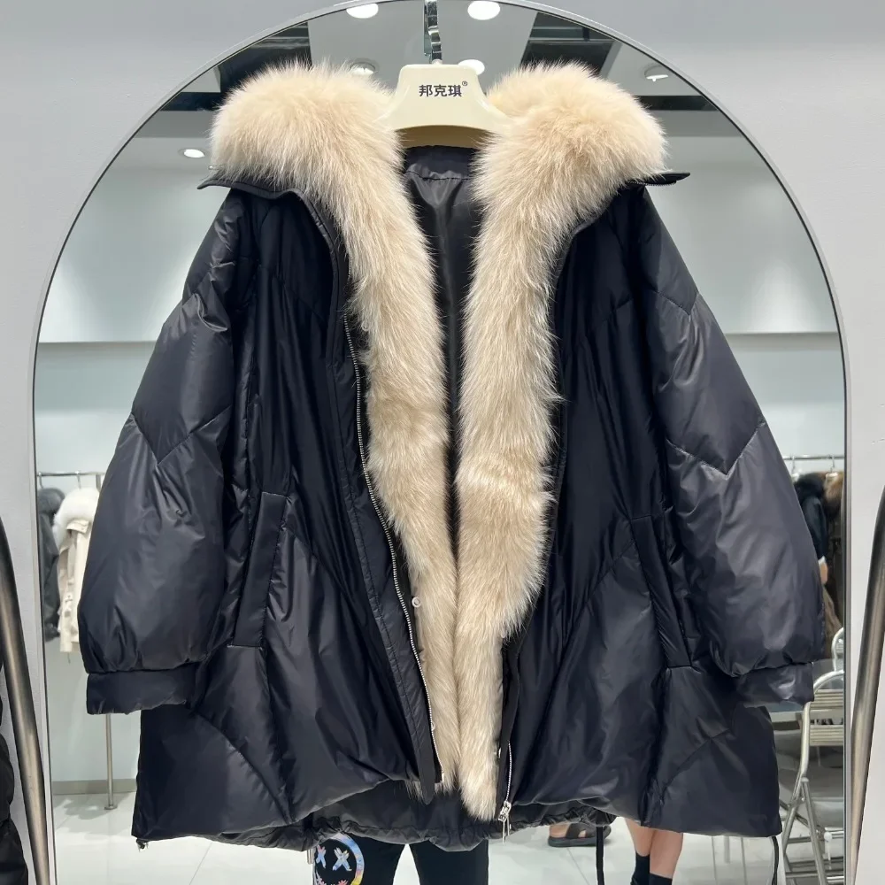 Puffer Coat 2024 Real Natural Fox Fur Winter Women White Goose Down Jacket Loose Warm Puffer Coat Female Thick Mid-Long Parkas