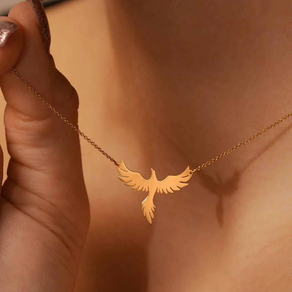 Dainty Rising Phoenix Pendant Necklace Stainless Steel  Gold Plated  Silver Fantasy Gold Bird Charm