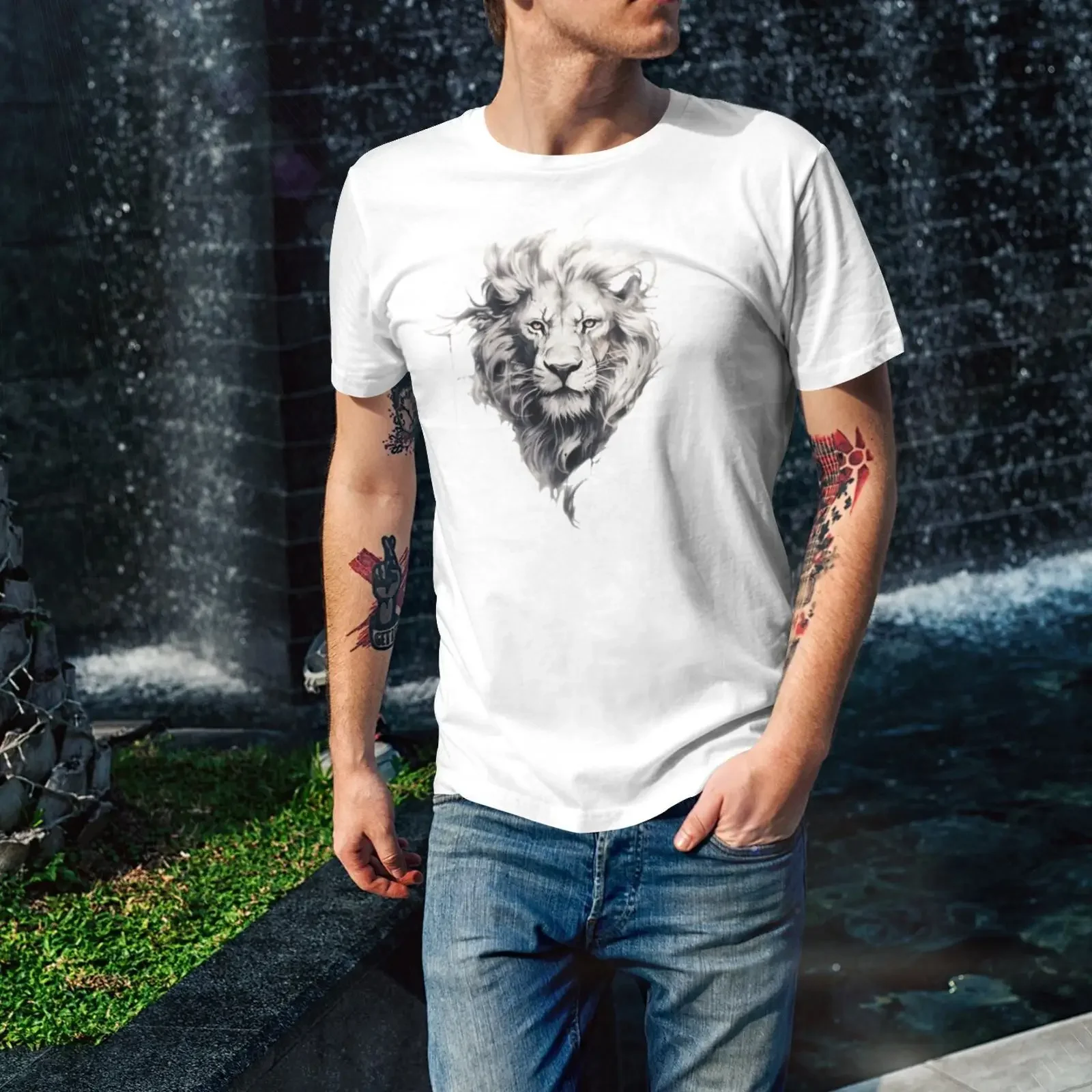 Midjourney AI generated Lion T Shirt designed clothing Wild Animal Fierce vintage Washed Casual Comfortable homme Stylish