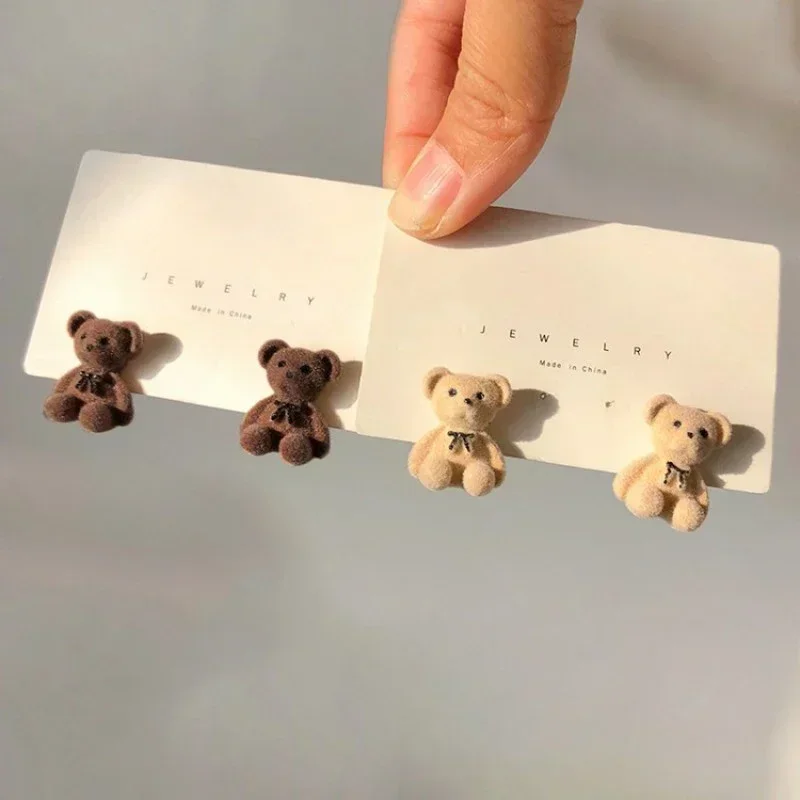 Flocking Plush Rabbit Bear Stud Earrings Kawaii Brown Khaki Animal Rings Earrings For Women Girls Necklace Earring Jewelry Gifts