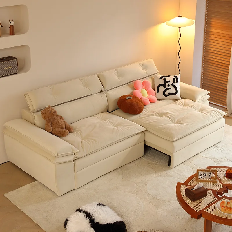 

Cream wabi sandy wind small apartment electric function adjustable human kennel straight row Internet celebrity baby velvet sofa