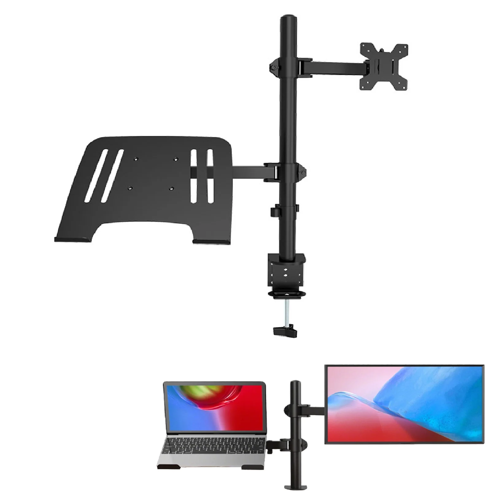 Soporte de Escritorio 2 en 1 con Abrazadera Universal para Monitor y Portátil, Soporte Ergonómico para Dos Pantallas de 13-27 Pulgadas, Carga de 8 kg
