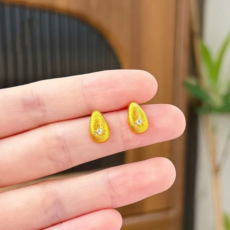 QEENKISS 24KT Gold Water Drop Stud Earrings For Women Wedding Party Birthday Christmas Bride Mother Girlfriend Lady Gifts EG5512 - view 2