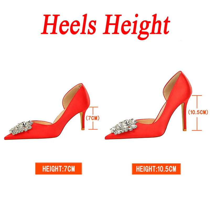 Women 7cm 10.5cm High Heels Green Gold Pumps Lady Wedding Party Low Heels Bling Crystal Pointed Toe Silk Satin Nightclub Shoes