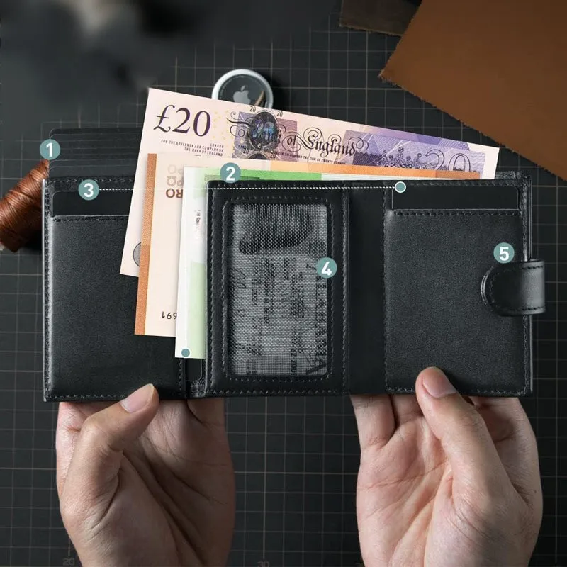 Men's Genuine Leather Trendy Wallet RFID Blocking with Aluminum Case Design Anti-Theft Magnetic Proof Zipper Coin Pocket Wallet