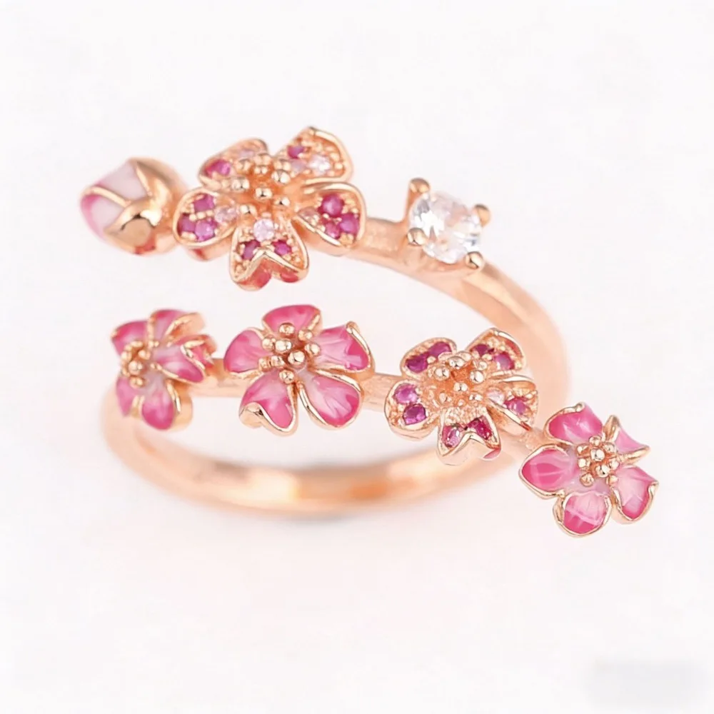 Romantic Exquisite Enamel Flower Branch Zircon Peach Blossom Close-set Beaded Adjustable Wrap Floral Rings for Women Jewelry