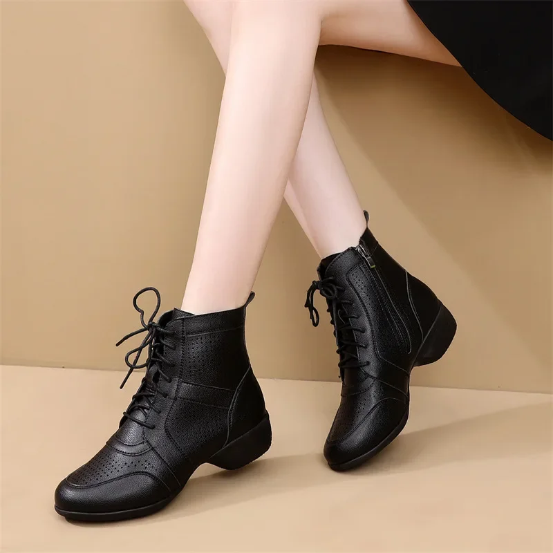 Modern Dance Shoes Women Boot Hollow Leather Soft Modern Dancing Shoes Woman Square Dance Shoes Boots Sneakers