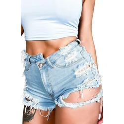 Fashion Broken Holes Hollow Out Ultra-short Denim Shorts Women New Casual Light Blue Three Quarter Pants Female Trend Streetwear