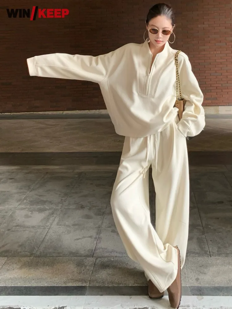 

Autumn Winter Outdoor Women Jogging Solid Color V Neck Jacket Fitness Loose Fit Two Piece Running Set Wide Leg Pants Tracksuit