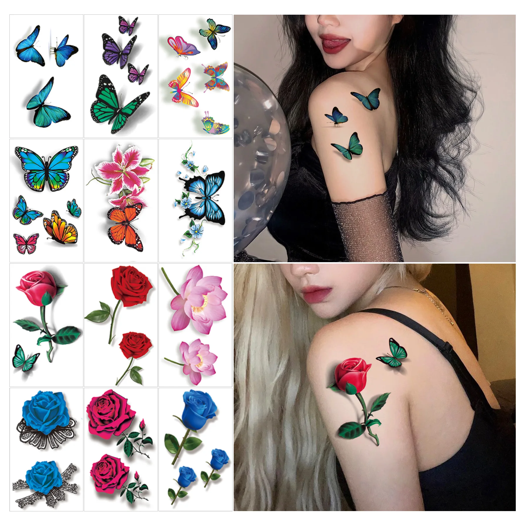 12pcs Waterproof DIY Painted Butterfly Flower Fake Tattoo Sticker Rose Fake Tattoo Hand Back Women Girls Party Decoration