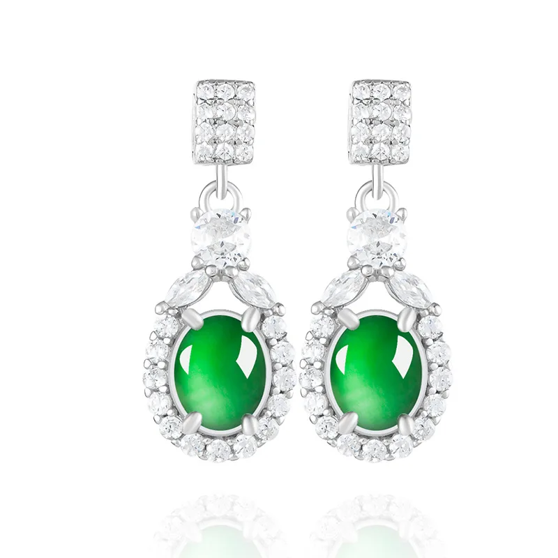 

Natural A-grade Jade Yang Green Earrings With Egg Shaped Jewelry Ice Jadeite S925 Silver Inlaid Women's High-end Fashionable