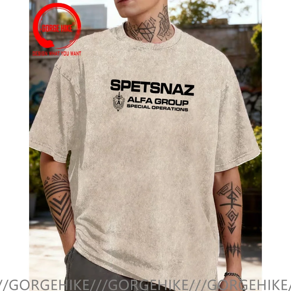 Vintage Washed Cotton T-Shirt Funny Designer Russian Spetsnaz Special Forces Spetsgruppa V Vympel Group T Shirt Men Fashion Tren