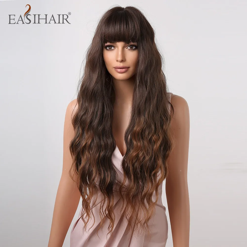 EASIHAIR Synthetic Wigs Long Brown Curly Wave Wigs with Bangs for Women Chocolate Brown  Daily Cosplay Hair Wigs Heat Resistant