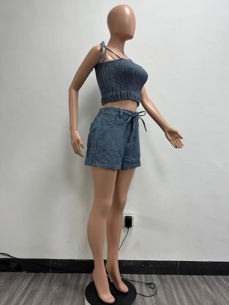 Sexy Jeans-Outfit für Damen, ärmellos, Träger, bauchfreies Top, Shorts, Anzug, 2025, Sommerkleidung, lässig, Denim, kurz, zwei 2-teiliges Set – Detail 9