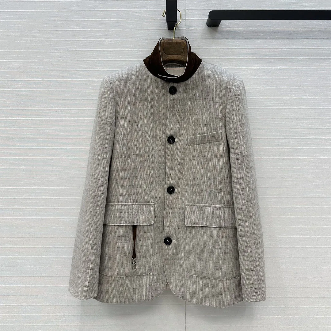 

New Retro Chevron Linen Blends Blazer Jacket Women Luxury Suede Sheepskin Leather Stand Collar Single Breasted Pocket Suit Coat