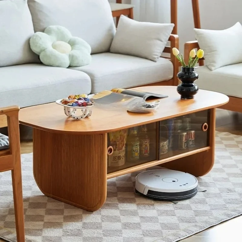 Solid Wood Coffee Table Nordic Style Living Room Storage Small Apartment Oval Vintage Sofa High-End Tea Table