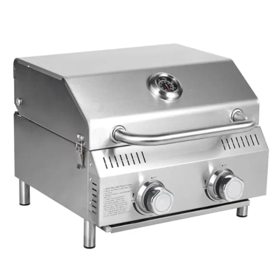 

Tabletop Gas Grill for outdoor patio, backyard, camping, tailgating, RV trips; stainless steel; black; 20, 000 BTUs, portable p