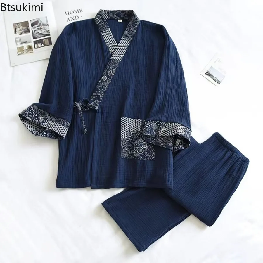 2024 Men\'s Kimono Home Suits Comfort Lace-up Tops and Trousers Pajamas Sets Cotton Crepe Design Ethnic Style Sleepwear for Men