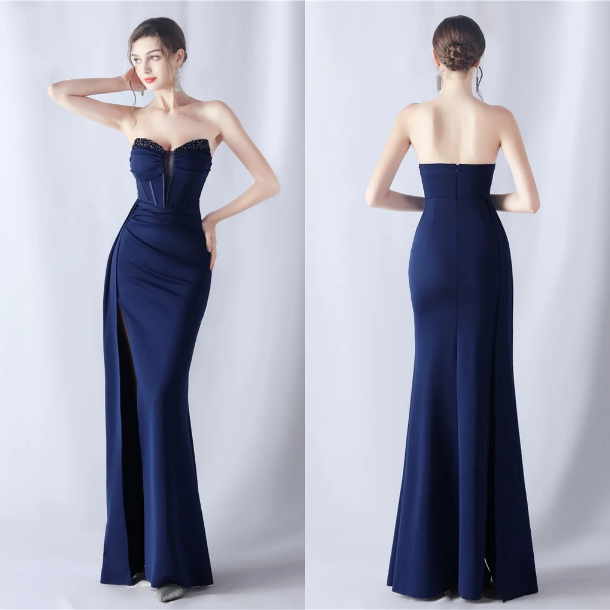 Evening Dresses Navy Blue Beads Stretchy Strapless Zipper Back Mermaid Trumpet Slit Floor Length Women Party Formal Gowns YE004