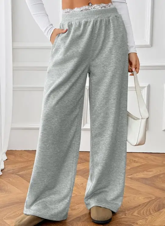 Women's Fashion Long Trousers Autumn New Female Daily Clothing Lace Splicing Fake Two Piece Casual Straight Pants for Women
