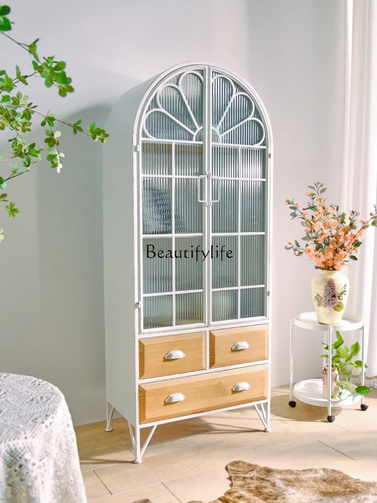 

Cream Style Display Cabinet Made of Glass Wall-Mounted Household Iron Distressed Storage