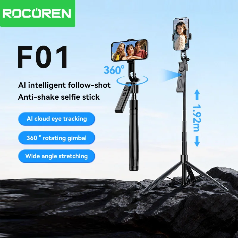 

ROCOREN AI-штатив для селфи с автоматическим отслеживанием лица и подсветкой 360° ° Управление жестами для вращения камеры на iPhone и Samsung при съемке влогов и прямых трансляциях
