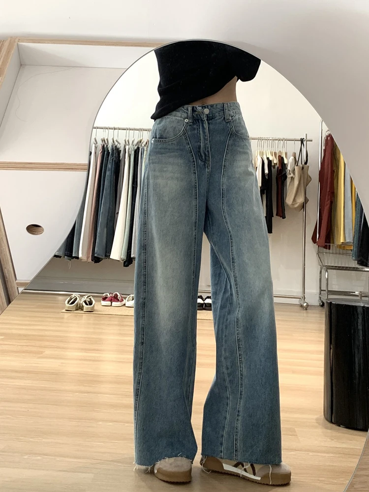 

Джинсы женские с высокой талией, широкими штанинами, прямого кроя, из денима, весна-осень 2024, новая коллекция, удлиненные брюки