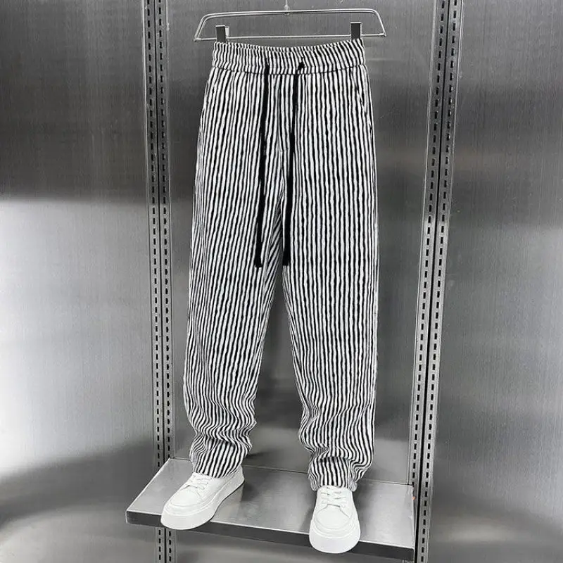 American Style Summer New Trousers Men's Spliced High Waist Elastic Drawstring Fashion Loose Casual Sweatpants Striped Pants
