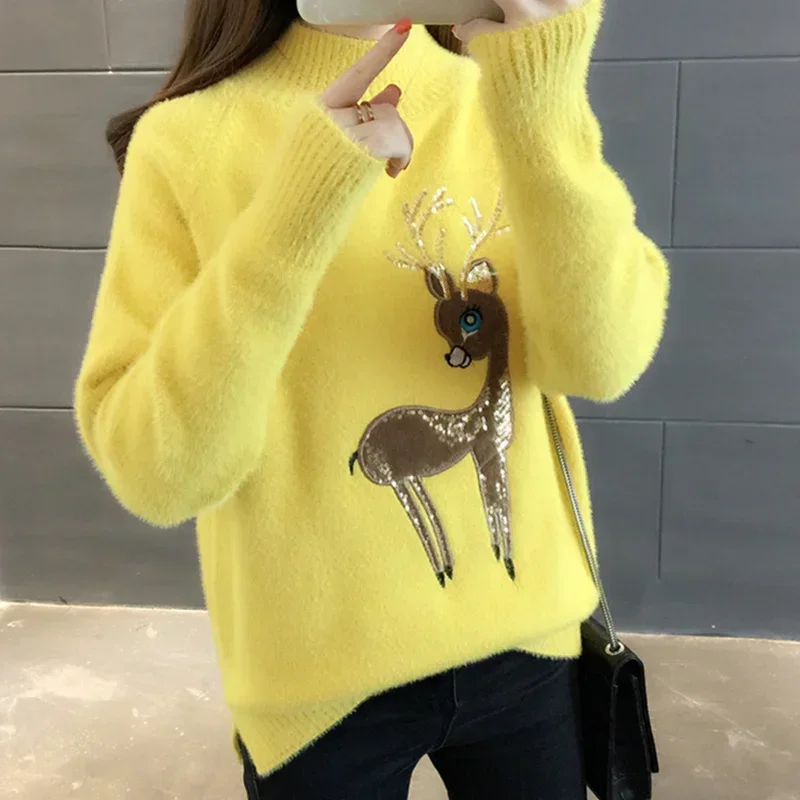 QNPQYX Cute Women Sweater Korean Reindeer Ugly Christmas Sweater Winter Warm Sweaters Fluffy Cashmere Jumper Turtleneck Pullover