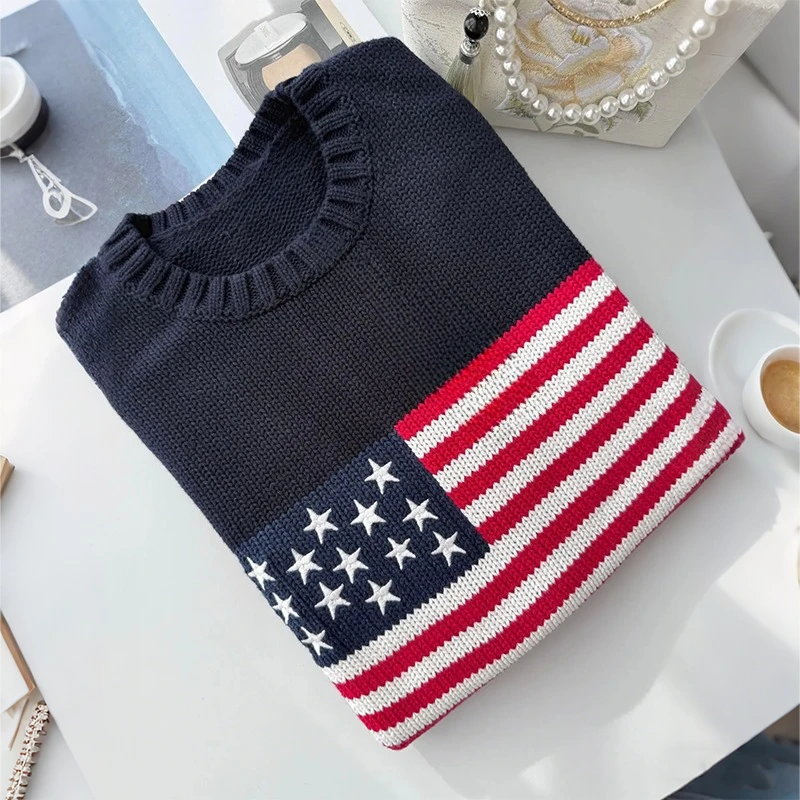 Mode Hoge kwaliteit Amerikaanse vlag Borduren Lange mouw Casual losse gebreide trui Y2K Mannen Vrouwen Veelzijdige Trendy Streetwear