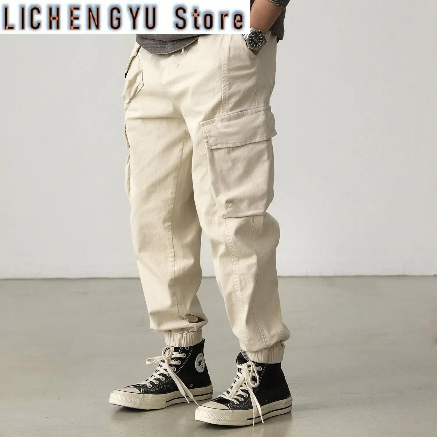 

Autumn New American Retro Woven Cargo Pants Men's Cotton Washed Elastic Waist Drawstring Loose Casual Anke-tied Trousers