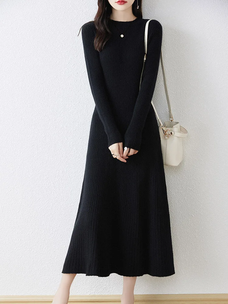 Women Knitted Dress 100% Wool Sweater Dress Autumn Winter Slim Knit Maxi Long Sweater Dress Lady Pullover Dresses Solid Jumpers