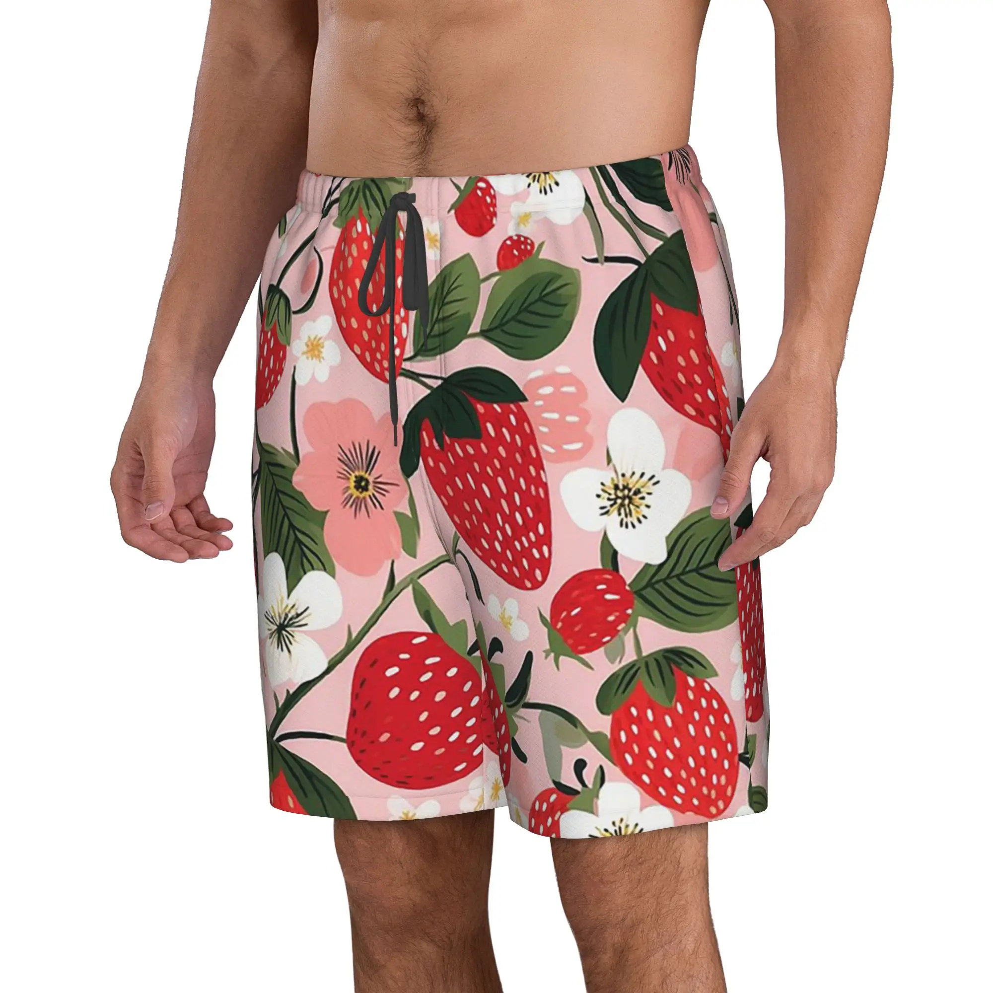 Vibrant Red Strawberry and White Floral Trunks Beach Board Shorts Casual Quick Dry Swim Summer Men Pants