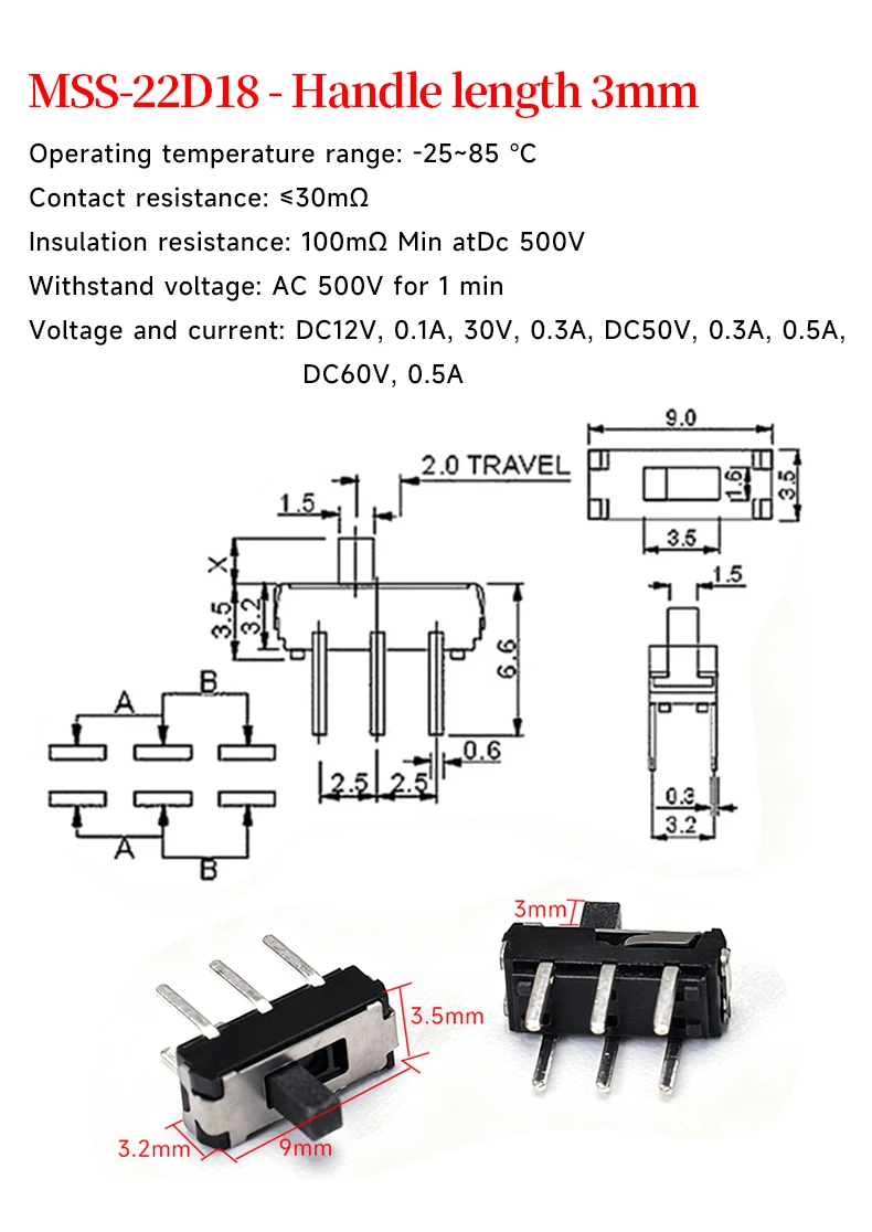 5 Stück MSS-22D18 Vertikaler Griff 3mm Lang Doppelreihiger Vertikaler Netzschalter 6-Pin 2-Positionen-Kippschalter Miniatur-Schalter für Elektronik – Detail 1