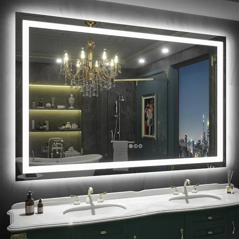 60x 40 Inch Lighted Bathroom Mirror for Wall, LED Illuminated Vanity Mirror with Lights, Dimmable, Anti-Fog, ETL Listed