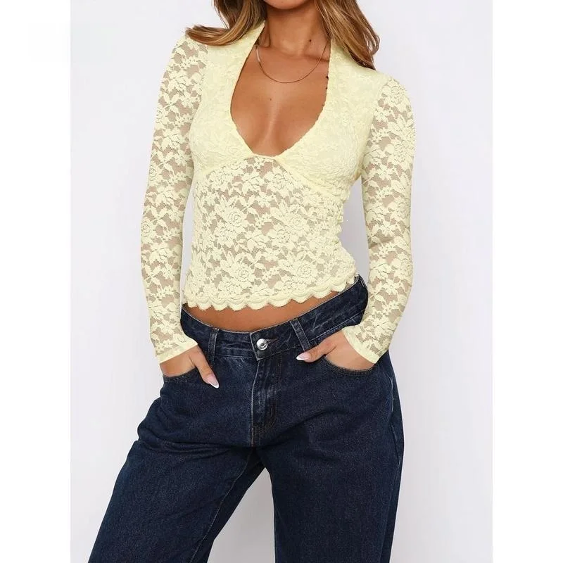 

Lace Long Sleeve V-Neck Top Women's Elegant Fashion Spring 2026 Top Quality Other Material 100% Cross-Border Outerwear