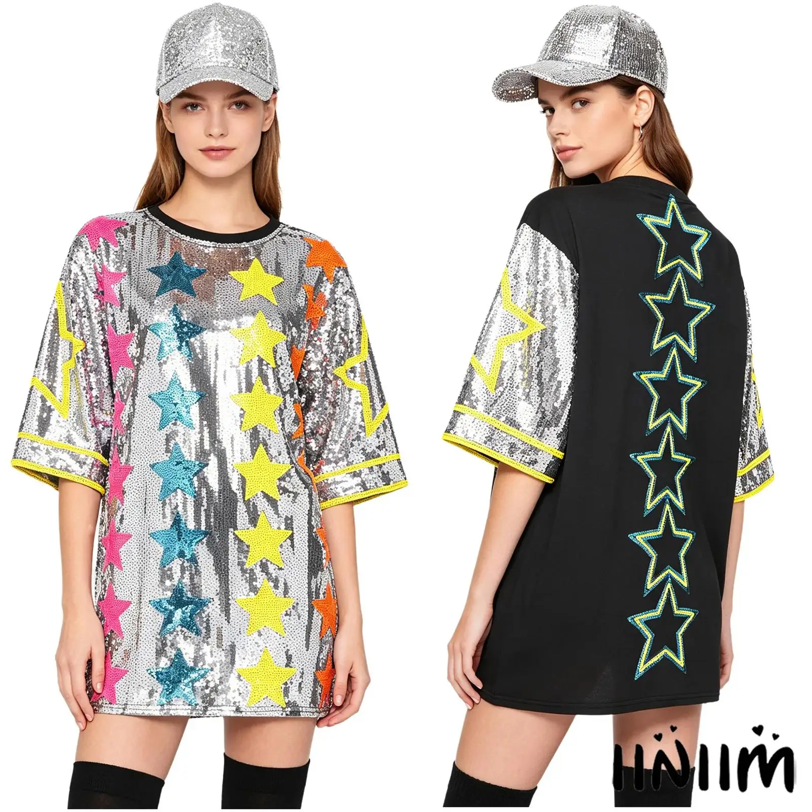 

Color Block Sequin Star Dress for Women Fashion Crew Neck Half Sleeve Oversized T Shirt Top for Matches Cheerleader Streetwear