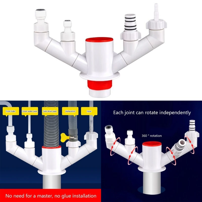 Kitchen Sink Drain Connector Triple Outlet Anti backflow Drain Pipe Divider