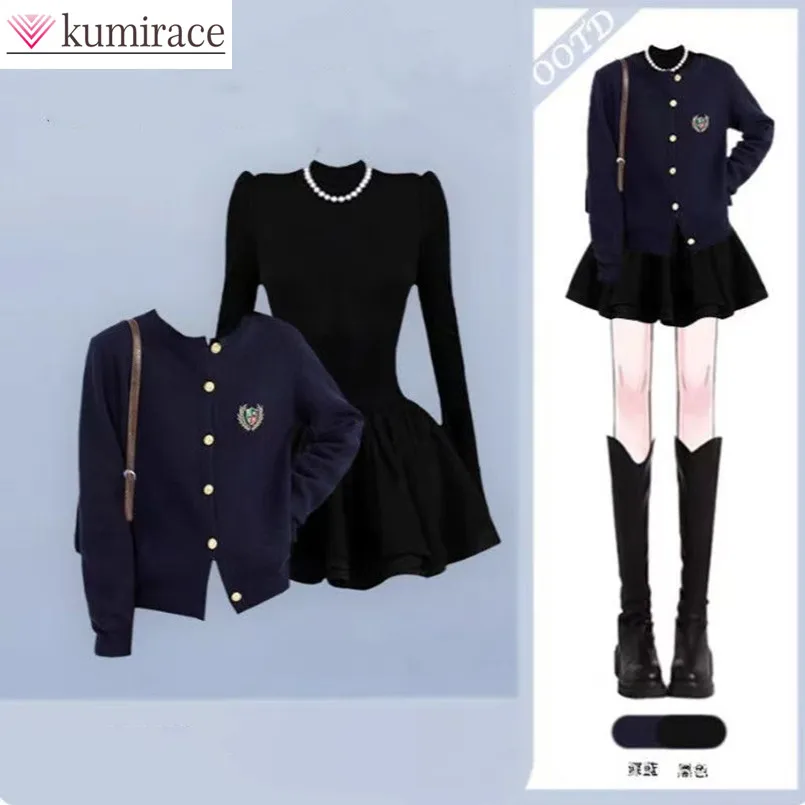 

Fashion Women's Set Spring and Autumn Embroidered Knitted Cardigan Black High Waist A-line Skirt Two Piece Set