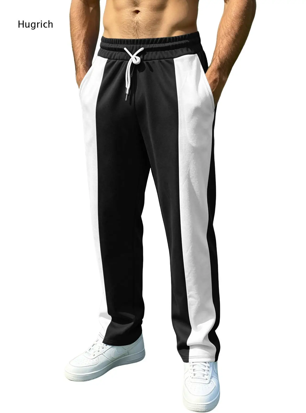 Men Blue White Color Block Wide Leg Track Pants Drawstring Elastic Waist Loose Straight Athletic Sweatpants