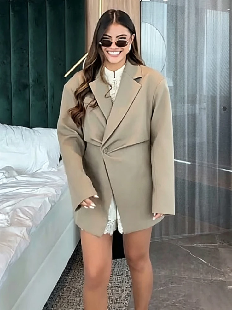 Modischer, einfarbiger Blazer mit Reverskragen für Damen, schick, tailliert, mit einem Knopf, übergroße Anzugsjacke, Herbst, Alltag, Büro, Oberbekleidung, neu – Detail 8