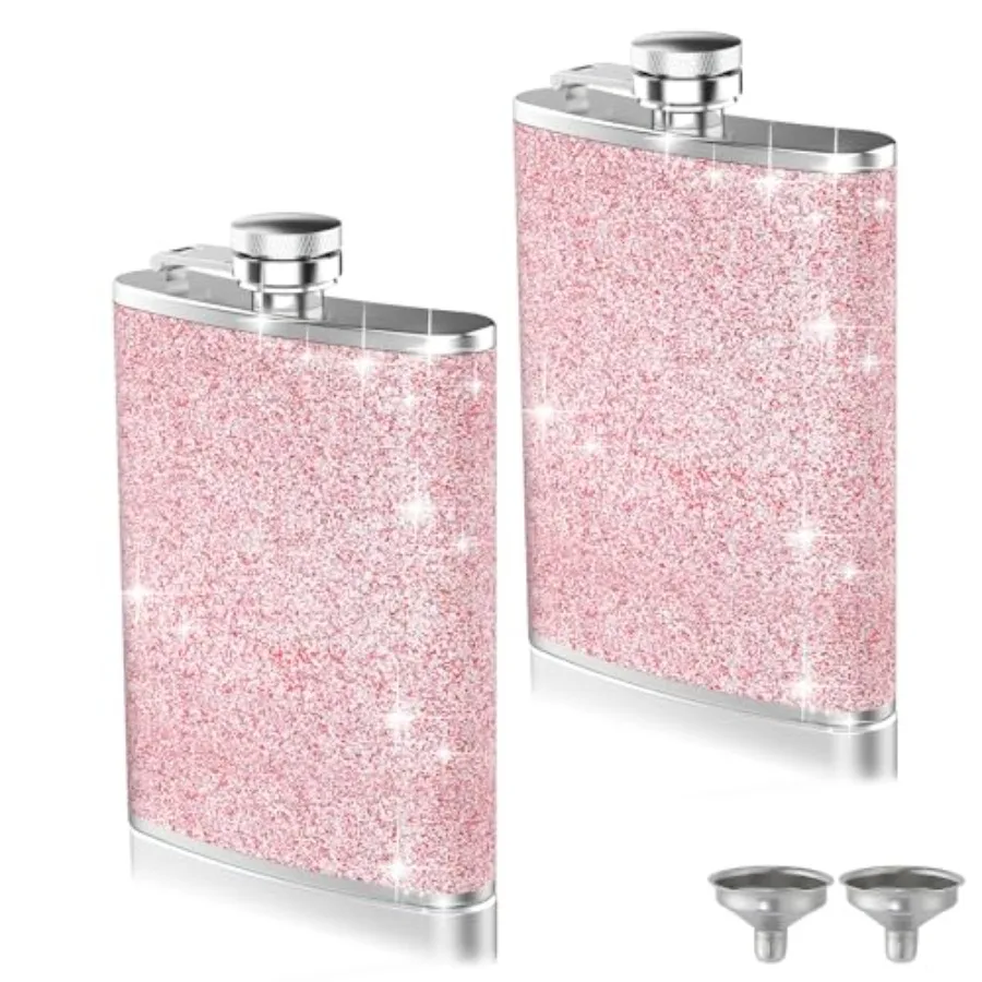 2-Pack 8 Oz Bling Hip Flasks for Liquor, Leakproof Thin Stainless Steel Flasks Pocket Flask with Funnel for Women, Portable Met