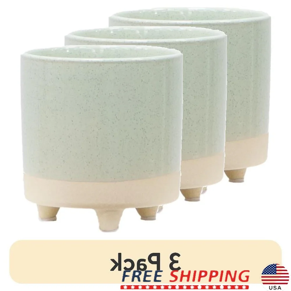 

3 Pack 5 Inch Green Ceramic Footed Planter Decorative Indoor Planters Artificial Plants Flowers Desk Decor Durable Reusable Pot