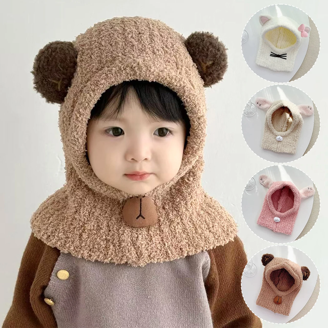Cartoon Children Balaclava Headgear Winter Warm Kids Hooded Beanies 1-6Year Baby Ear Protection Cap Plush Scarf One-Piece Hat view 4