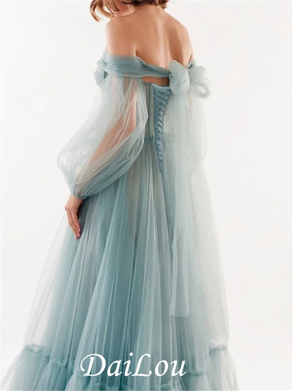 Robe de bal pour invités de mariage, ligne a, épaules dénudées, manches longues, longueur au sol, Tulle avec nœud (s) plissé (s)