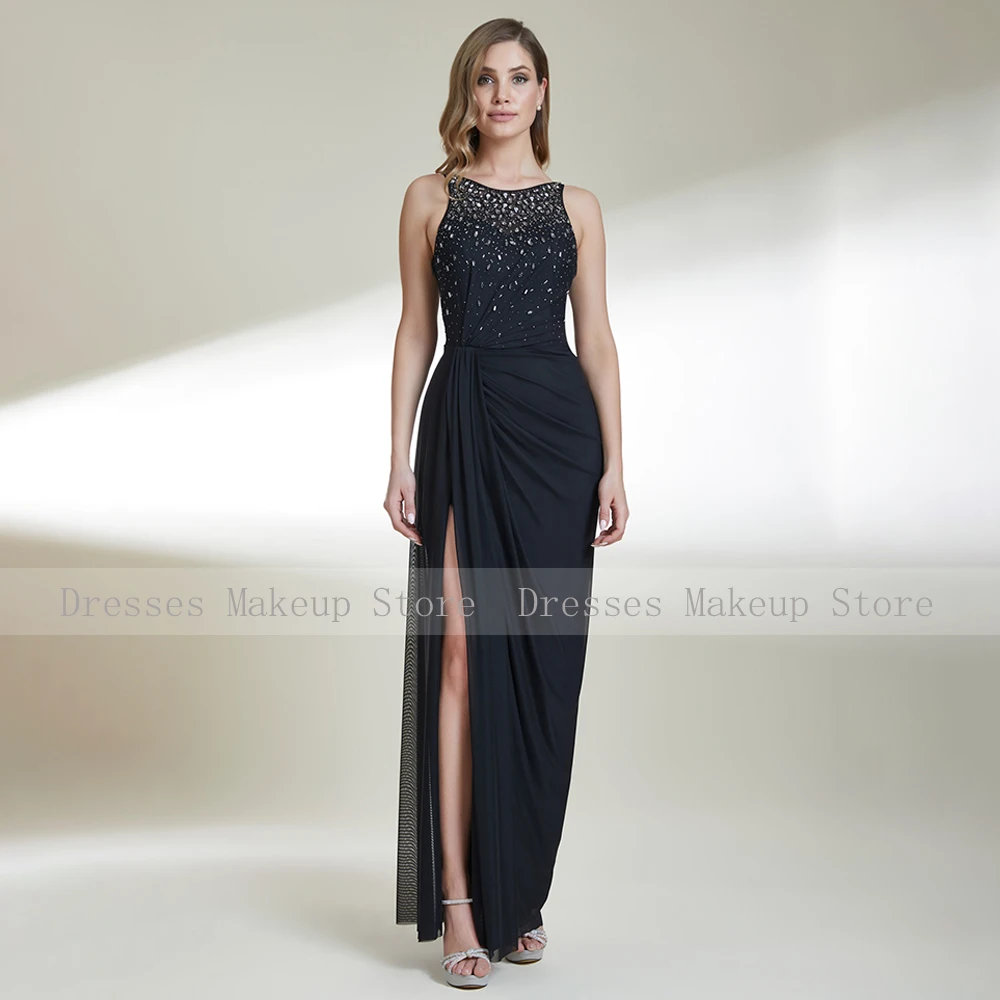 Vestidos de Noche sexys para mujer, vestido de fiesta de lujo sin mangas con cuello redondo de cristal, Maxi abertura lateral, vestidos de vaina/columna